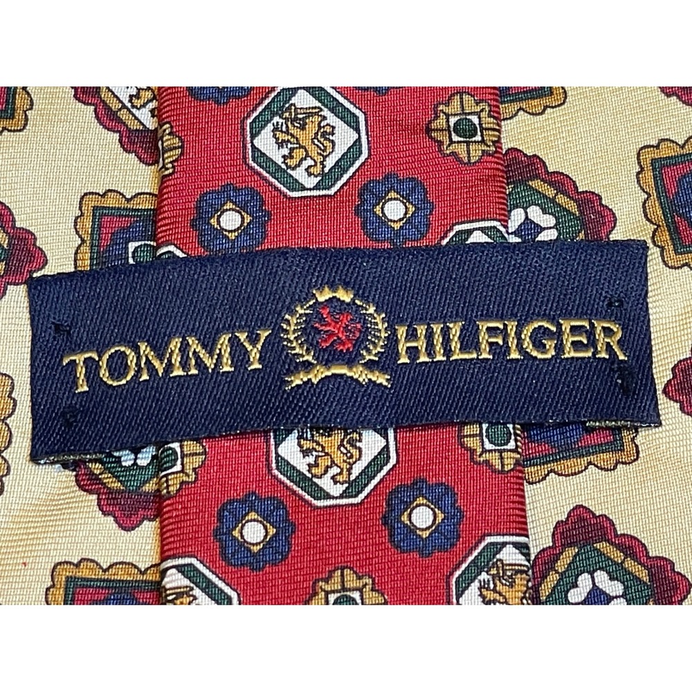 Vintage Tommy Hilfiger Silk Necktie Red Beige Lion Crest Geometric Made In USA